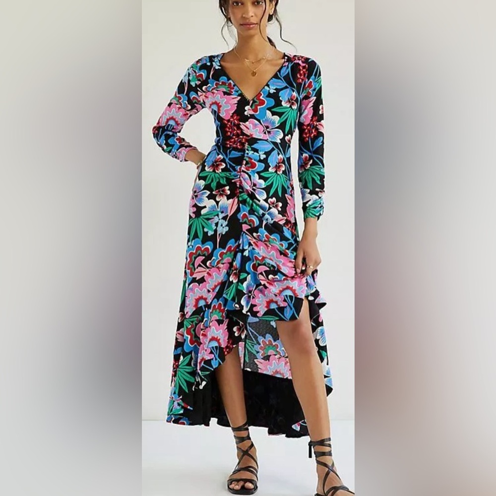 Anthropologie x Maeve Ruched Floral Black Motif Maxi Dress - Size 2